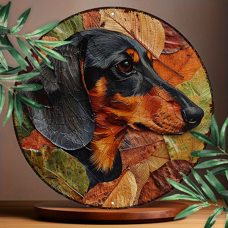 

elegant" Dachshund & Dried Leaf Art - 8x8" Round Aluminum Sign | Durable, Uv-protected Metal Decor For Home & Garden