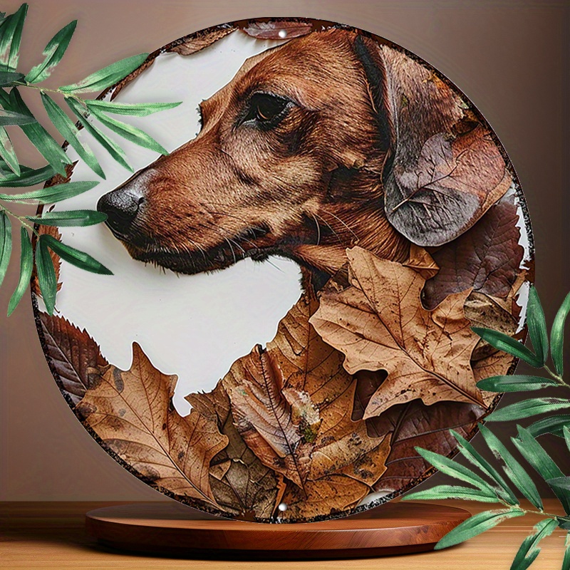 

Durable 8x8" Round Aluminum Dachshund Wall Art - Uv & Scratch Resistant Metal Decor With Dried Leaf Design, Easy To Hang For Living Room