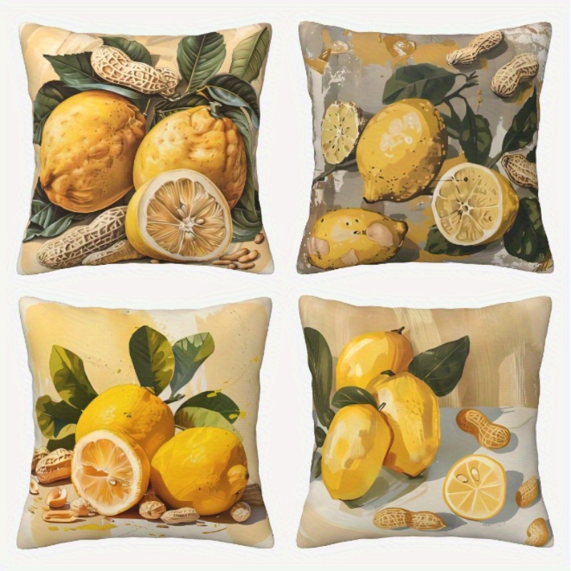 

4-pack Contemporary Woven Polyester Throw Pillow Covers, Lemon Peanut Design With Zipper Closure, Machine Washable, Floral Pattern Ideal For Living Room Sofa Decoration - 18"x18