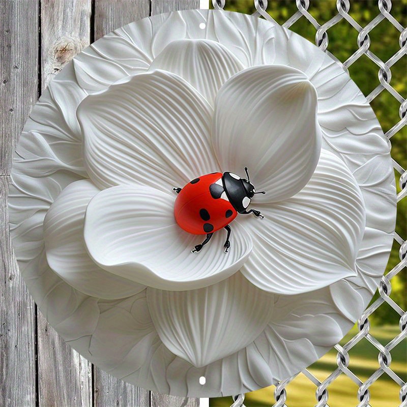 

1pc Aluminum Ladybug On Flower Metal Wall Art, 8-inch Weather-resistant Outdoor Sign With Hd Printing - Pre-drilled, Durable Decor For Home, Garden, And Various Settings - Linda Design Xb012