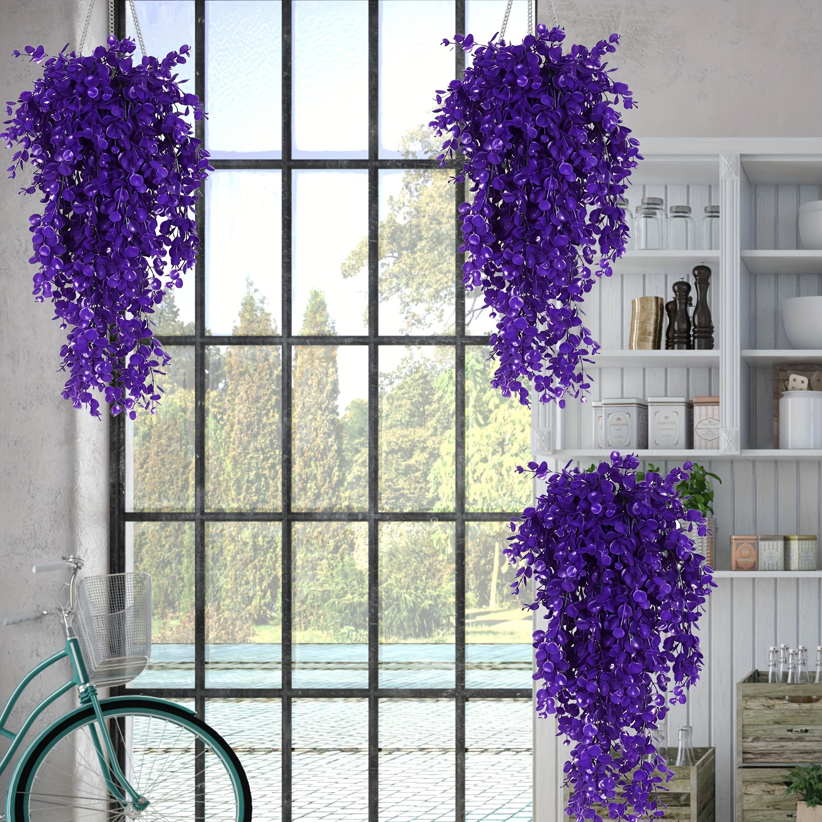 Artificial Hanging Flowers For Outdoor Spring Decoration, Faux Silk Violet Vines Uv Resistant Blue Trailing Plants Home Porch Patio Decoratio