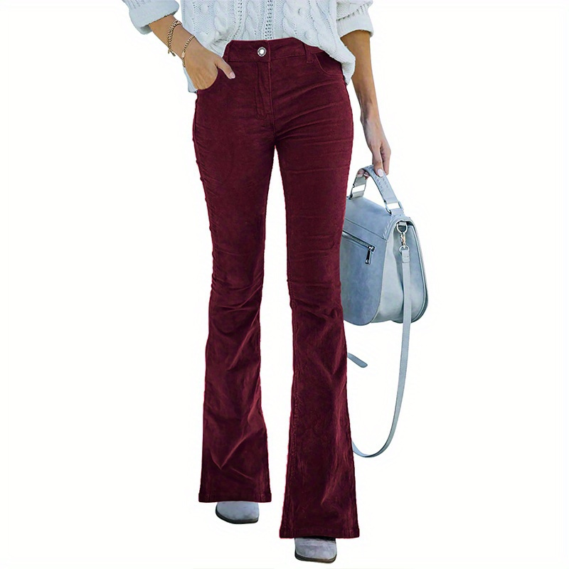 

Women's High Waist Plain Flared Denim Pants, Vintage Casual Bell Bottoms With Pockets, Trousers