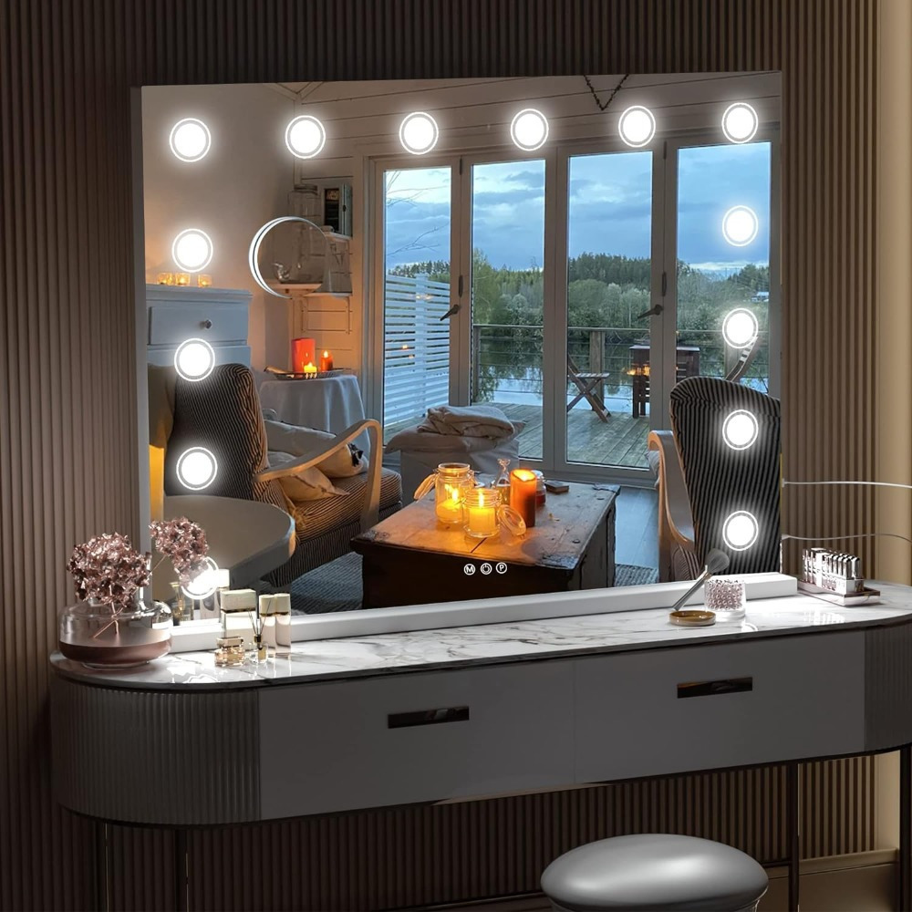 

Hasipu Vanity Mirror With Lights, 32" X 24" Makeup Mirror, Light Up Mirror With 14 Dimmable Led Lights And 10x Magnification, 3 Colors , , Usb Charging Port, White