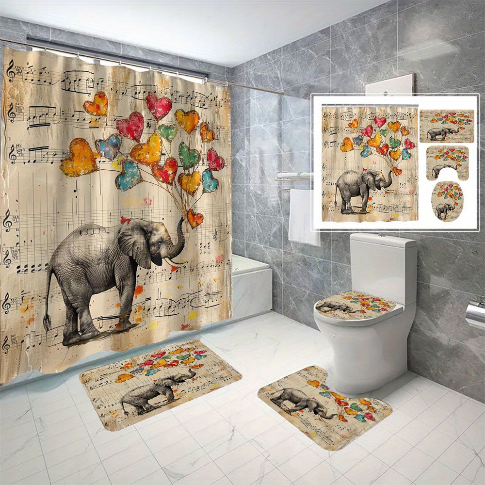 

4-piece Love Elephant 3d Print Shower Curtain Set - Waterproof, No-drill Installation With Hooks Included, Machine Washable Polyester Bathroom Decor