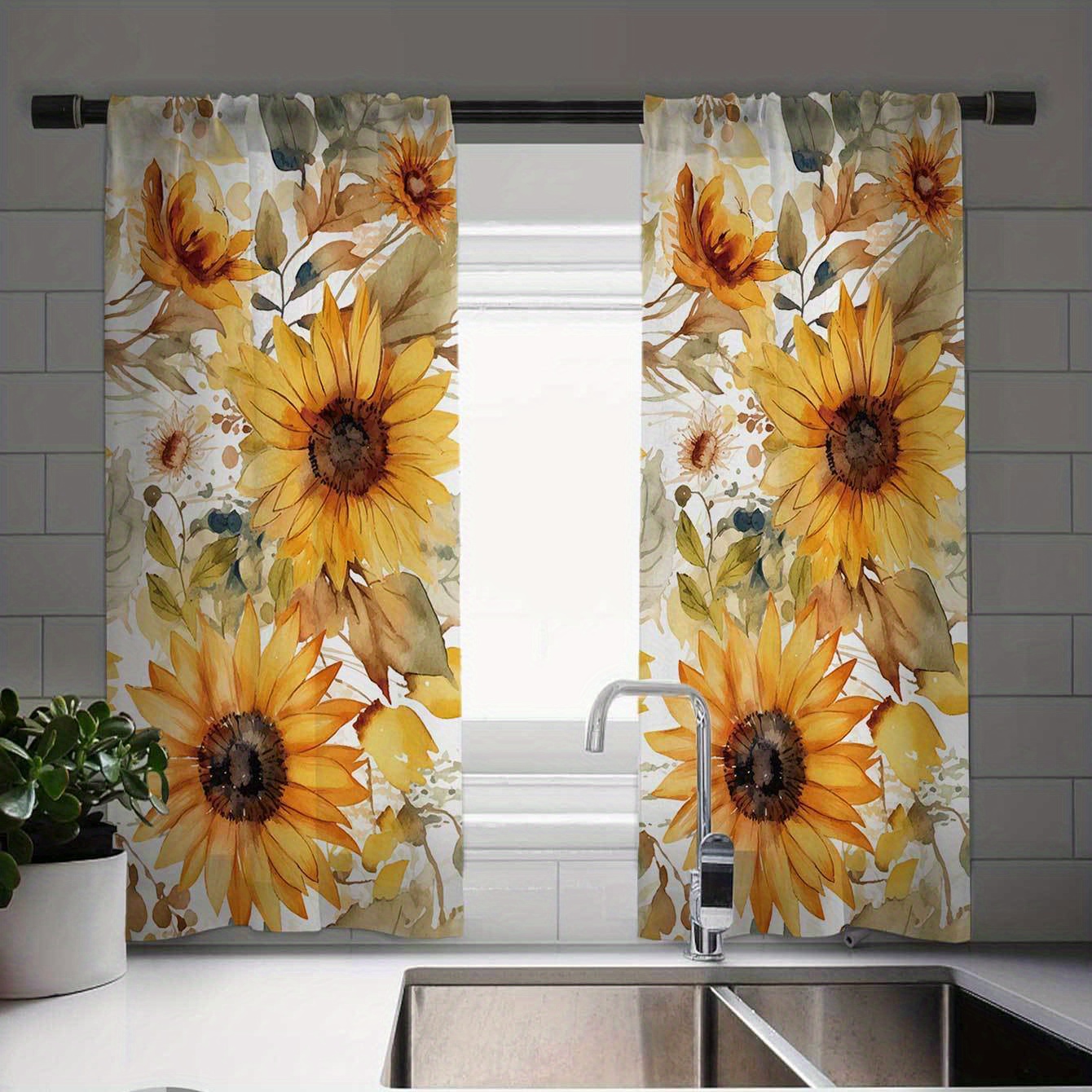 

1 Elegant Curtain And 2 Cafe Curtains - Vintage Sunflower Print Curtain, European Tableware Design - Vintage Style Window Decoration, For Kitchen, Farmhouse, Living Room And Bedroom Decoration