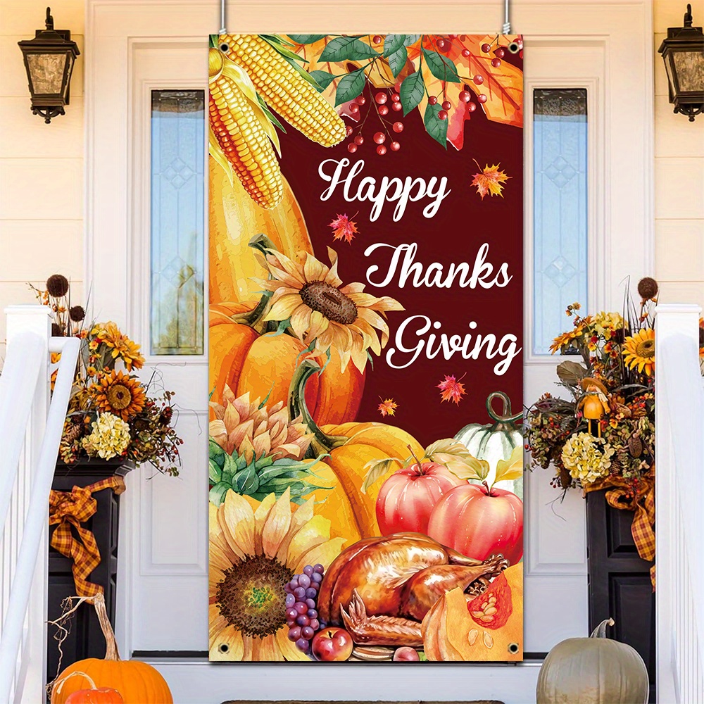 

1pc, Happy Thanksgiving Door Cover Banner, Polyester, Pumpkin Turkey Sunflower Background Autumn Porch Sign, Seasonal Farmhouse Harvest Front Door Hanging Banner, Home Wall Decor