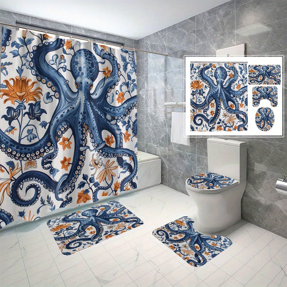 

4-piece Blue Octopus 3d Print Shower Curtain Set - Waterproof & Mold-resistant, Includes Hooks, Machine Washable For All Seasons