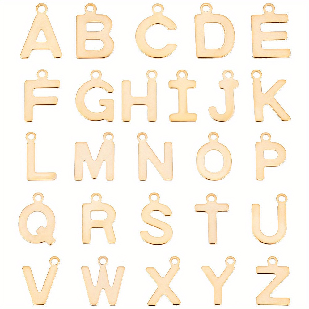 

52pcs Golden Stainless Steel Alphabet Charms A-z, Hypoallergenic Laser-cut Letter Pendants With 1.5mm Hole For Diy Jewelry Making, Size 10-12mm