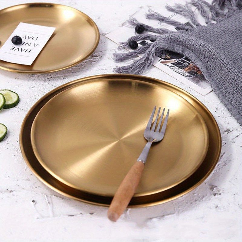 

1pc Elegant Golden- Stainless Steel Serving Tray - Round Plate For Bbq, Desserts, Steak | & Easy To Clean | Ideal For Home Decor, Weddings, Parties | In 14cm, 20cm, 23cm Sizes