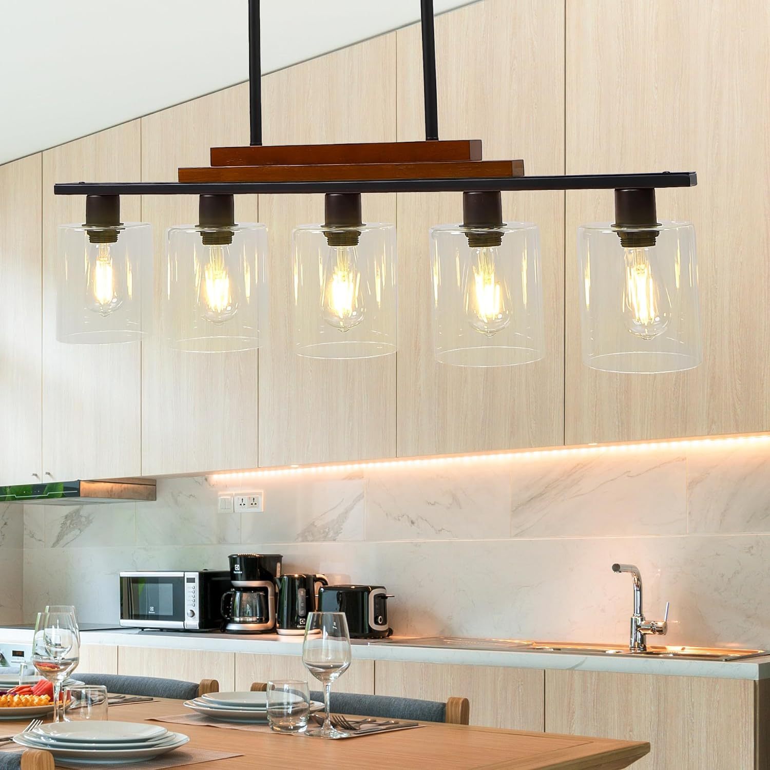

Kitchen Island Lighting, 5 Lights Dining Room Light Fixture Farmhouse Chandeliers For Dining Room With Clear Glass Shade Rustic Wood Adjustable Rods Pendant Light Fixtures