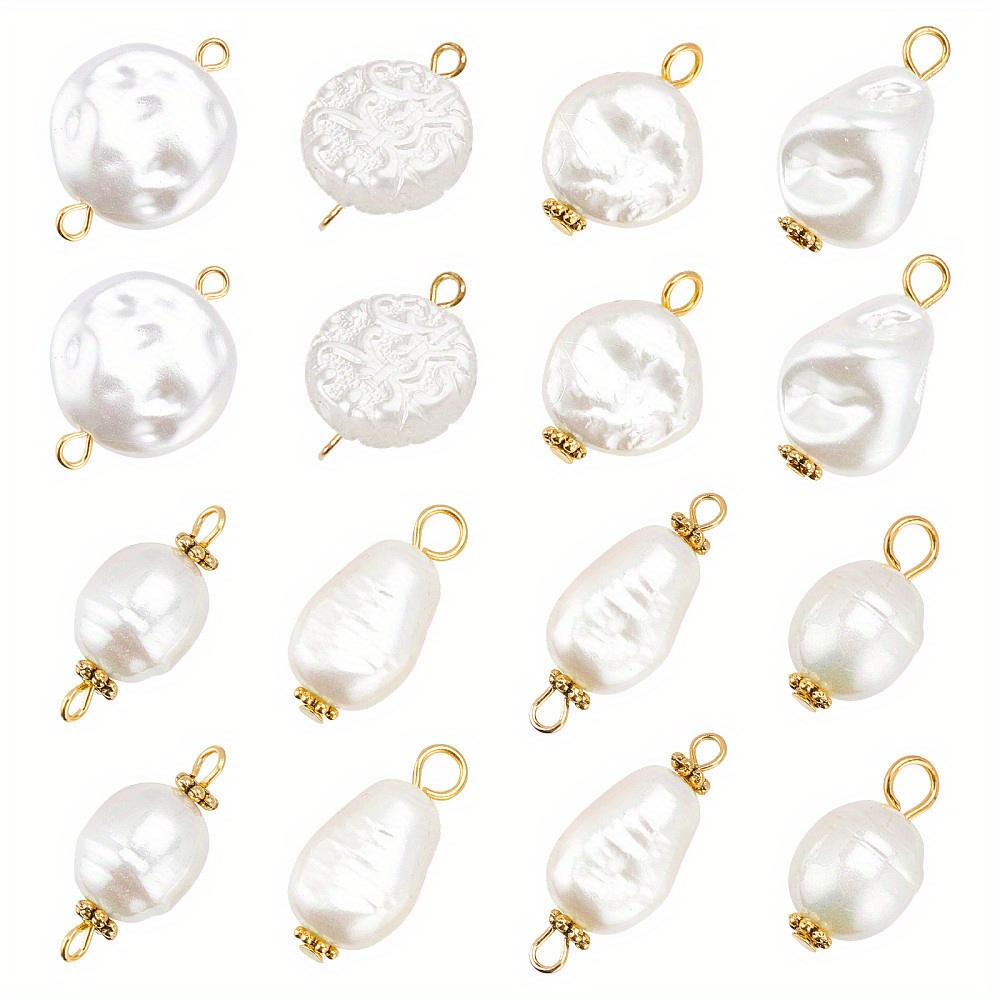 

1box 80pcs 8 Styles Faux Pearl Pendant Connectors, Imitation Pearl Beads, Irregular Shape Acrylic Charms With Golden Loops