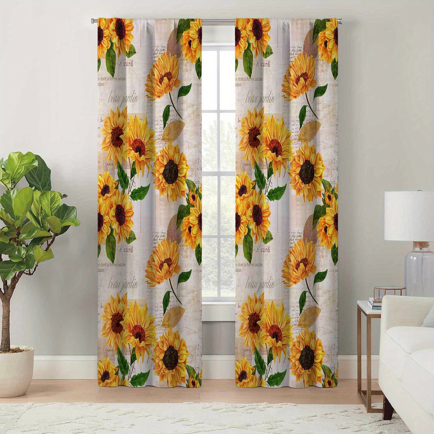 

-chic Sunflower Print Curtains For Living Room & Bedroom - , Polyester With Tieback Design