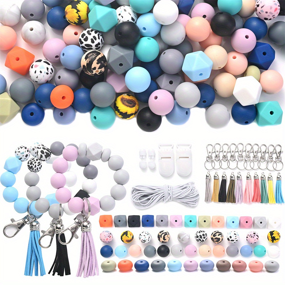 

225pcs Silicone Bead Set Polygonal Round Abacus Leopard Beads Kit With Lobster Tassel For Making Keychain Necklace Craft Jewelry Beads