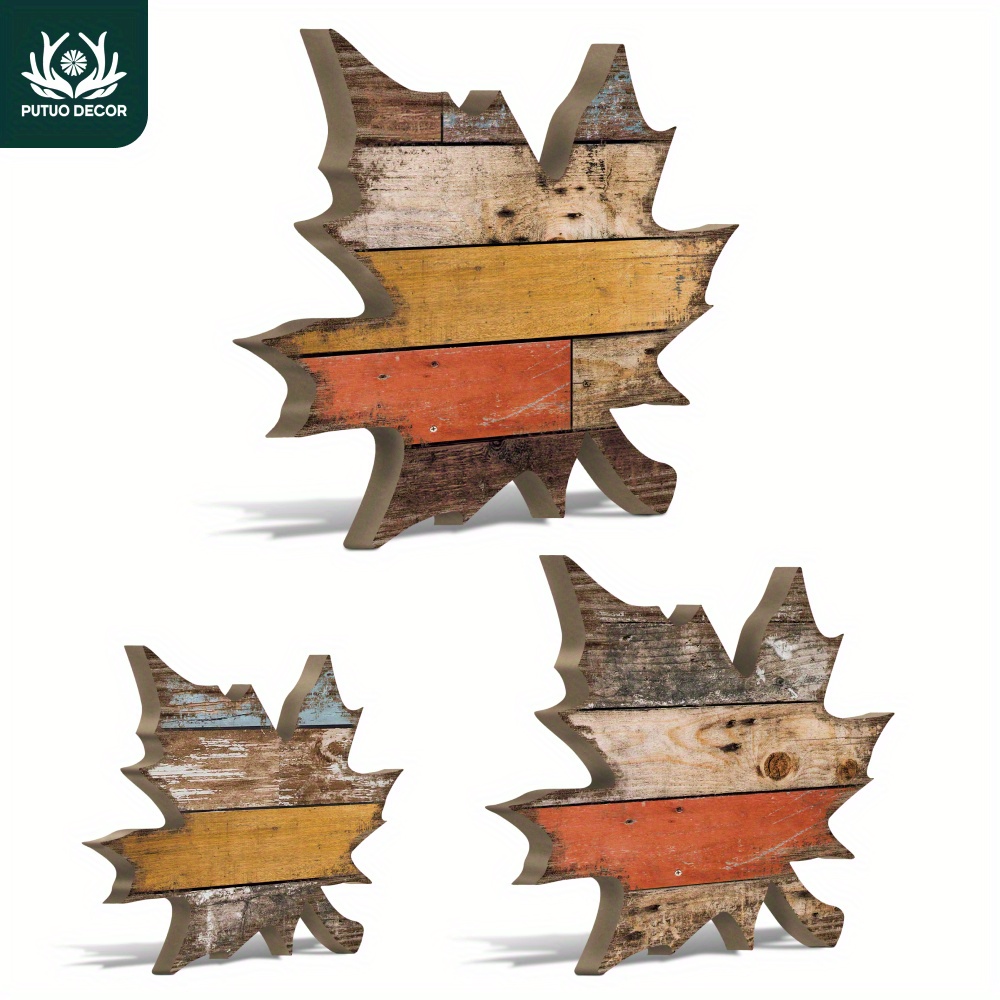 

Putuo Decor Set Of 3 Maple Leaf Shaped Wooden Table Centerpieces - Autumn & Thanksgiving Manufactured Wood Decorations - No Electricity Or Feathers Needed For Home, Farmhouse, Office, Café