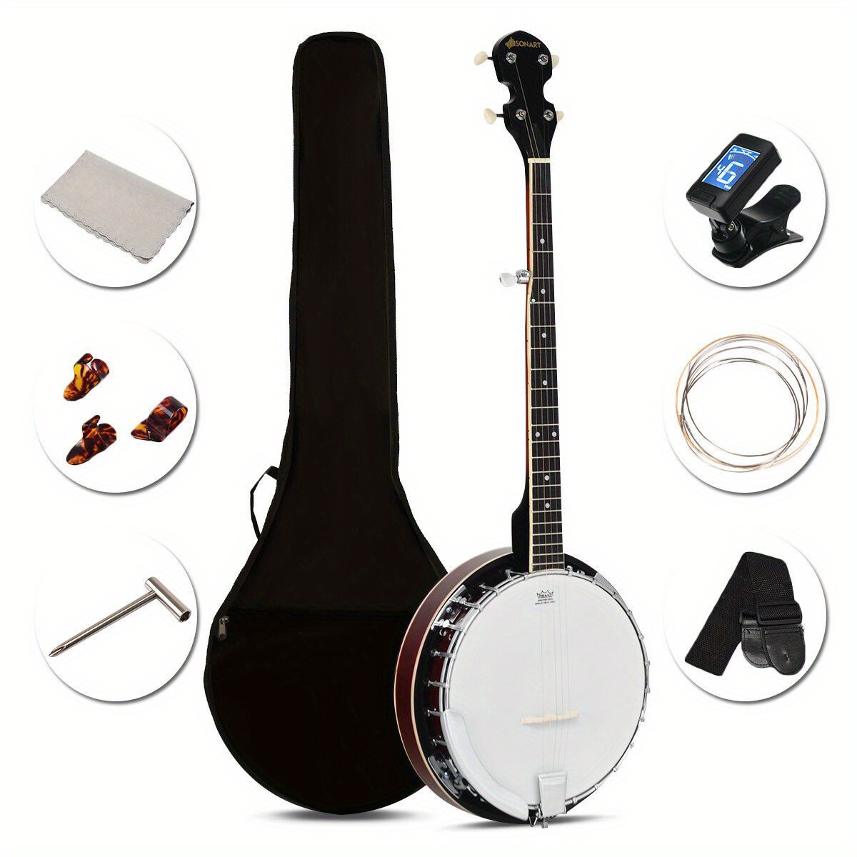 

Lifezeal 5 String Geared Tunable Banjo 24 Brackets Closed Back Remo Head W/ Case