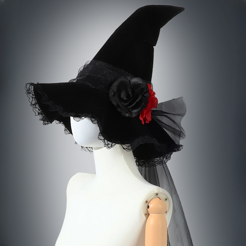 

Gothic Queen Hat With Black Lace & Flower Accents - Halloween Costumes, Hand-washable Fabric