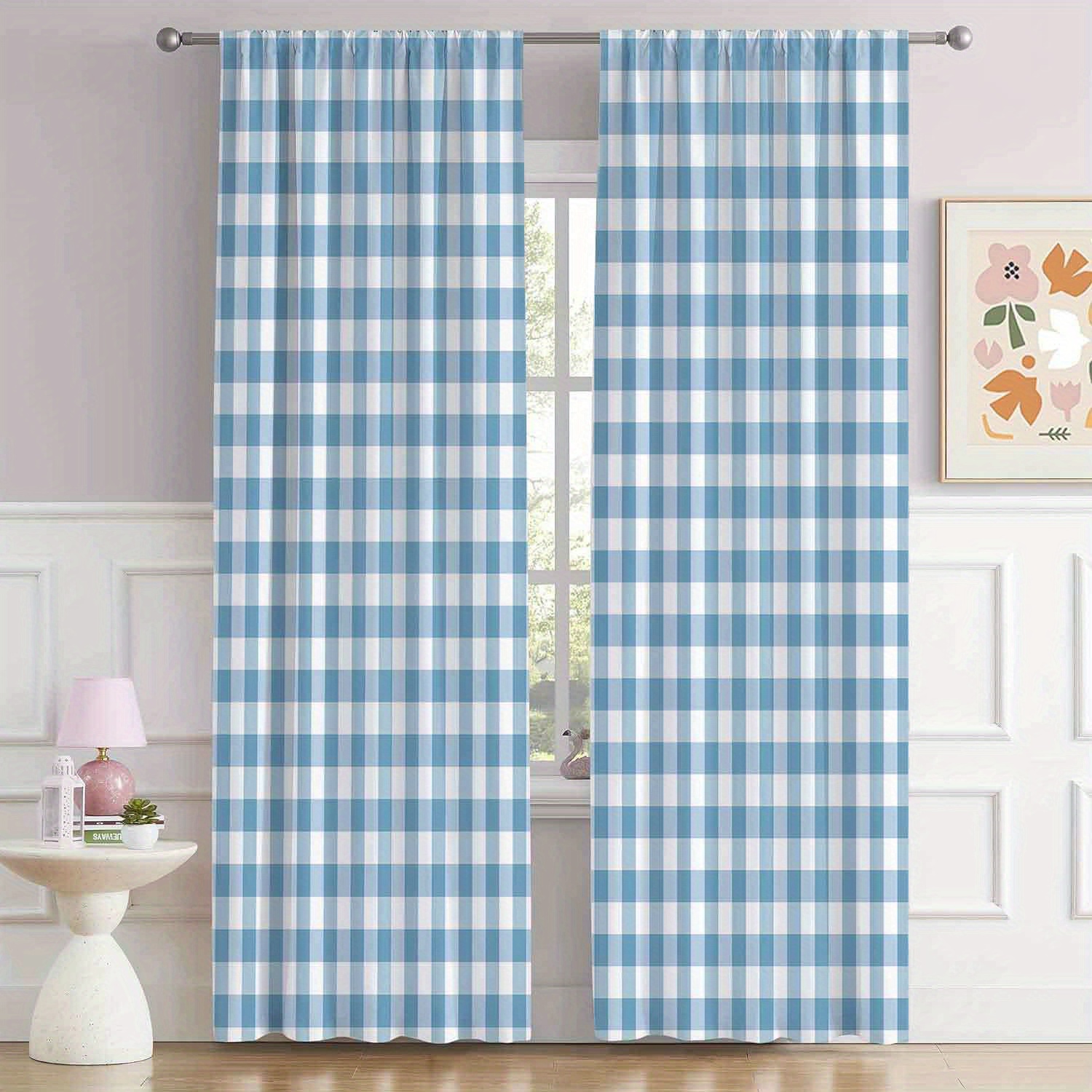 

Boho-chic Blue Plaid Geometric Curtains - Easy Care, Perfect For Living Room & Bedroom Decor, Durable Polyester With Tieback Design