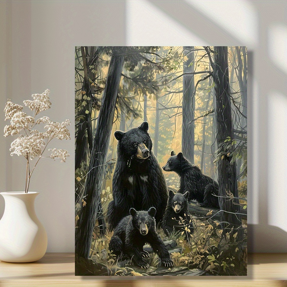 

Chic Black Bear Family Forest Canvas Art, 12x16" - Modern Hd Print Wall Decor For Living Room, Bedroom, Studio - Easy Hang Unframed Poster Decor Bear Decor For Home