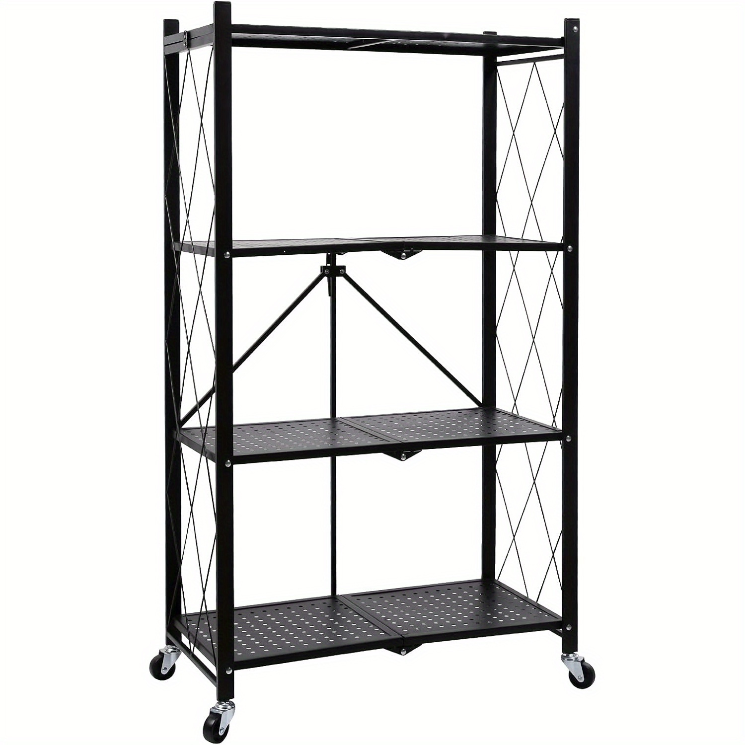 

4-tier Storage Shelving Unit W/hooks And Wheels, 27.95"x14.96"x49.61", Standing Foldable Storage Rack, Metal, Kitchen, Garage, No Assemble Require (black)