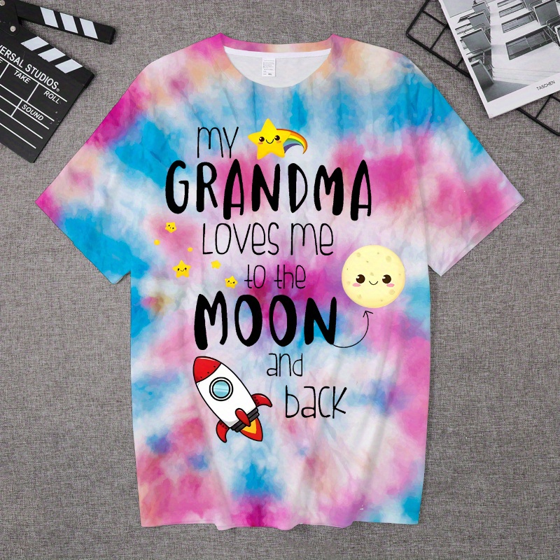 

My Grandma Loves Me To The Moon And Back & Cartoon Rocket Graphic Print Tee, Girls Stylish & Trendy Tie Dye T-shirt For Spring & Summer, Girls Comfy Clothes For Street Wear