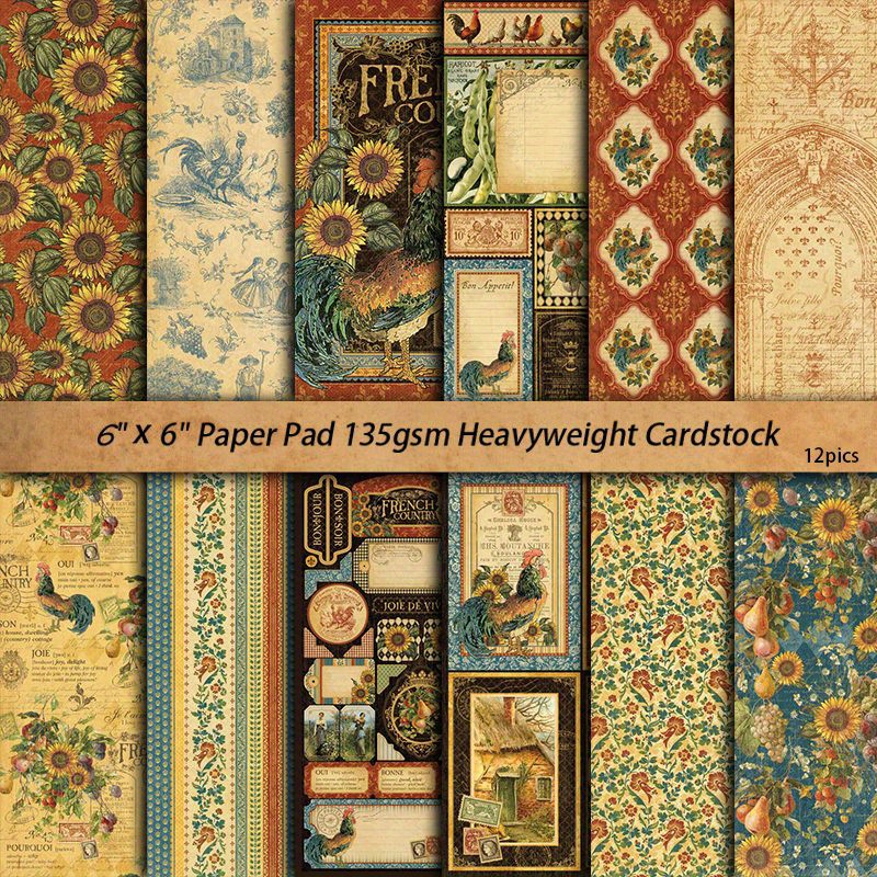 

12 Sheets Vintage French Country Inspired Patterned Paper Pad, 6x6 Inch, Heavyweight Cardstock For Scrapbooking, Journaling, And Arts & Crafts