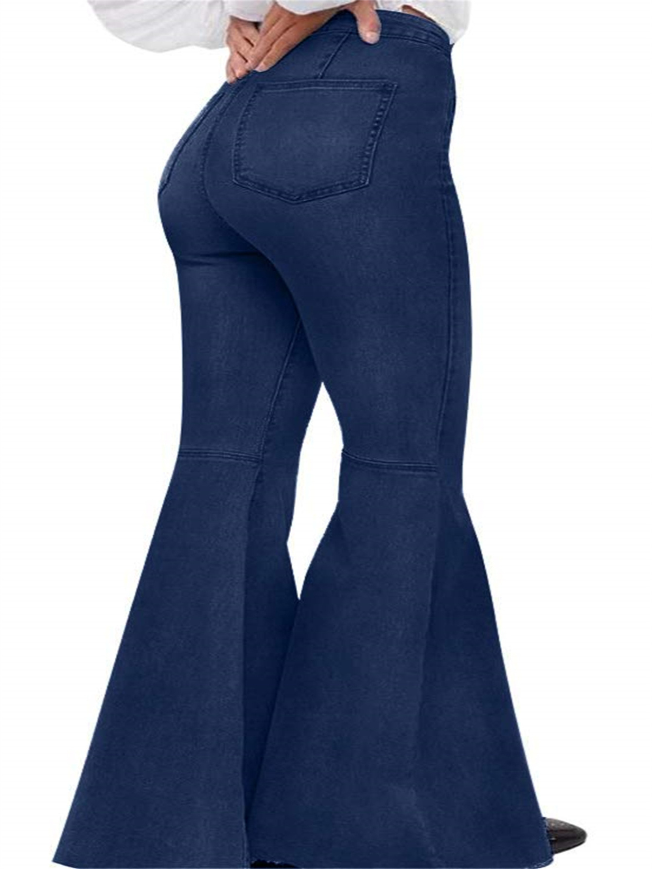 Women's Fashion Bell Bottom Pants High Waist Tassel Stretch Jeans Blue