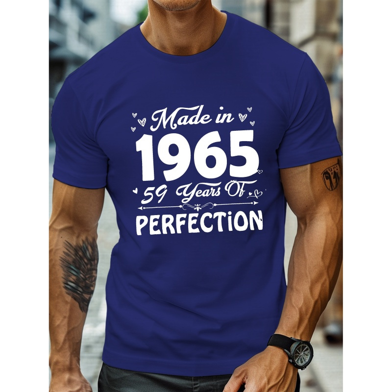 

' Made In 1965 59 Years Of Perfection ' Print Men's Crew Neck Short Sleeve T-shirt, Casual Comfy Summer Top For Outdoor Fitness & Daily Wear