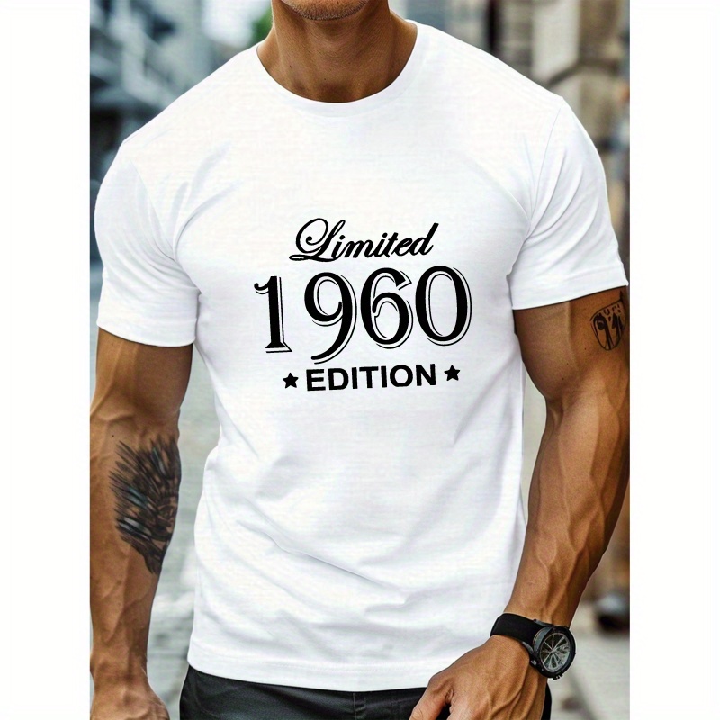 

1960 Print Men's Casual Short Sleeve T-shirt, Polyester Geometric-pattern Crew Neck Stretch Summer Tee