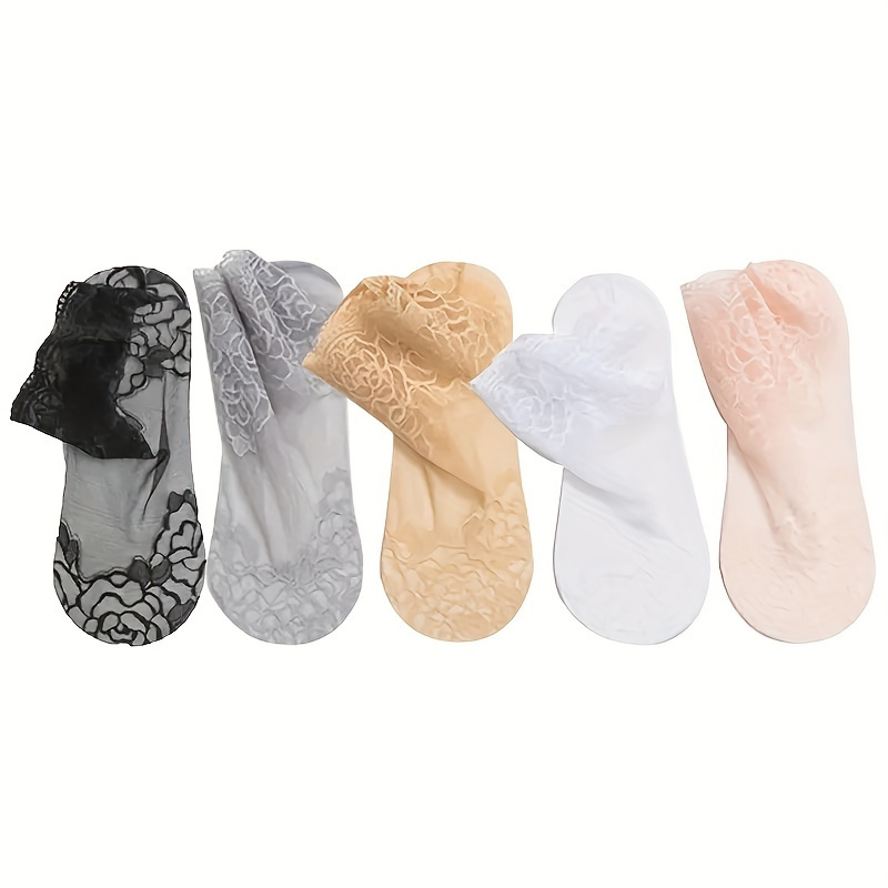 

5 Pairs Cotton Bottom Lace Socks, Lightweight Seamless Hidden Ankle Socks, Women's Stockings & Hosiery