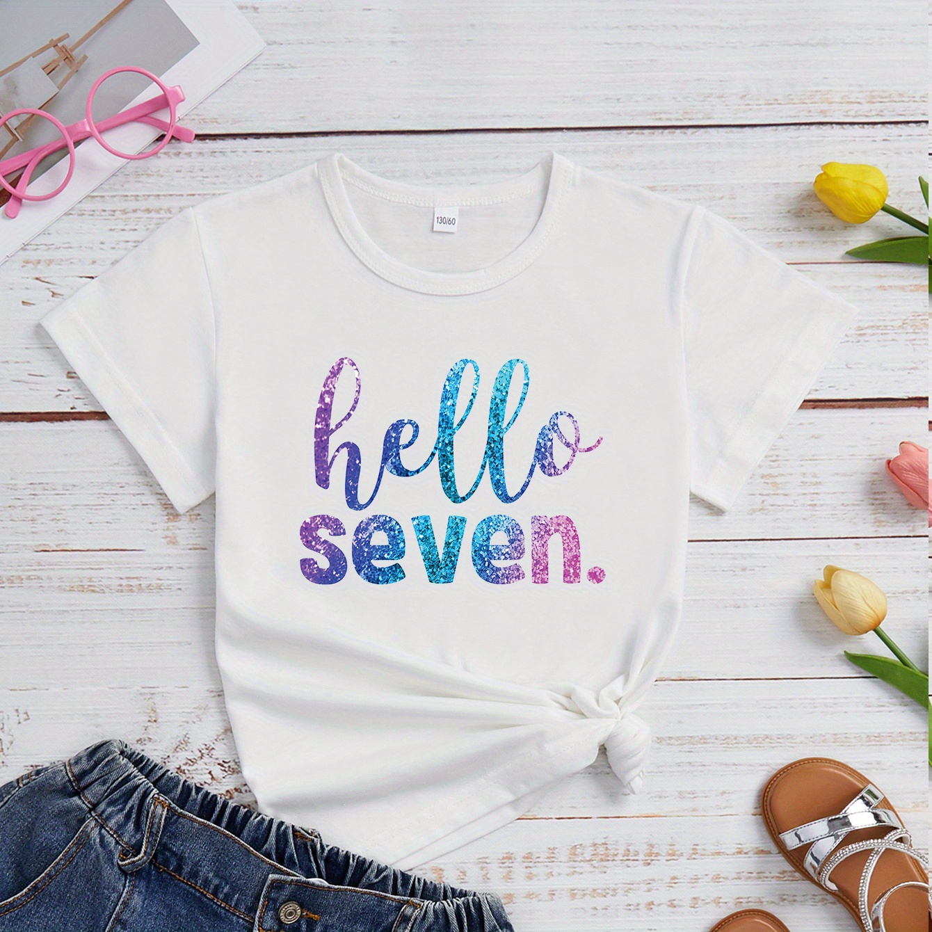 

hello Seven" Letter Print Creative T-shirts, Soft & Elastic Comfy Crew Neck Short Sleeve Tee, Girls' Summer Tops As 7th Birthday Gift