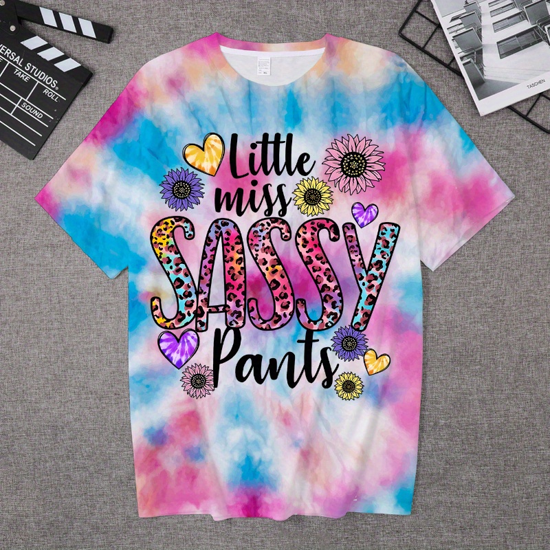 

Little Miss Sassy Pants & Heart & Flowers Graphic Print Tee, Girls Stylish & Trendy Tie Dye T-shirt For Spring & Summer, Girls Comfy Clothes For Street Wear