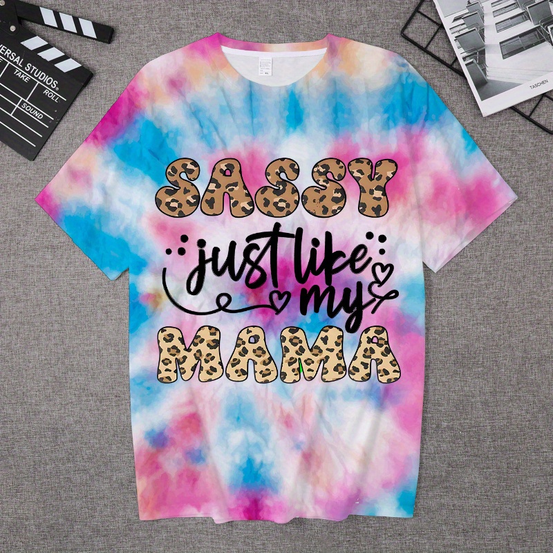 

Sassy Just Like My Mama & Heart Graphic Print Tee, Girls Stylish & Trendy Tie Dye T-shirt For Spring & Summer, Girls Comfy Clothes For Street Wear