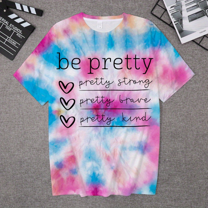 

Be Pretty & Hearts Graphic Print Tee, Girls Stylish & Trendy Tie Dye T-shirt For Spring & Summer, Girls Comfy Clothes For Street Wear