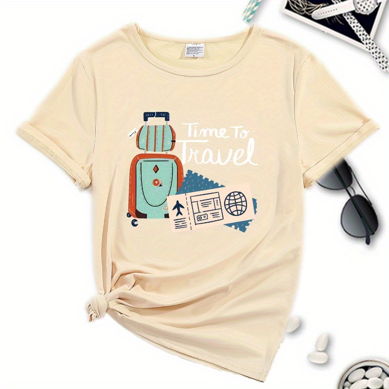 

Women's Casual Round Neck T-shirt, Trendy Travel Graphic Tee, Comfortable Sporty Top, Simple & Versatile Style