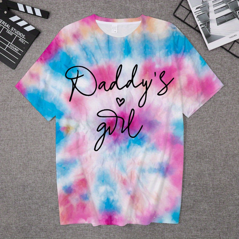 

Graffiti Daddy's Girl & Heart Graphic Print Tee, Girls Stylish & Trendy Tie Dye T-shirt For Spring & Summer, Girls Comfy Clothes For Street Wear