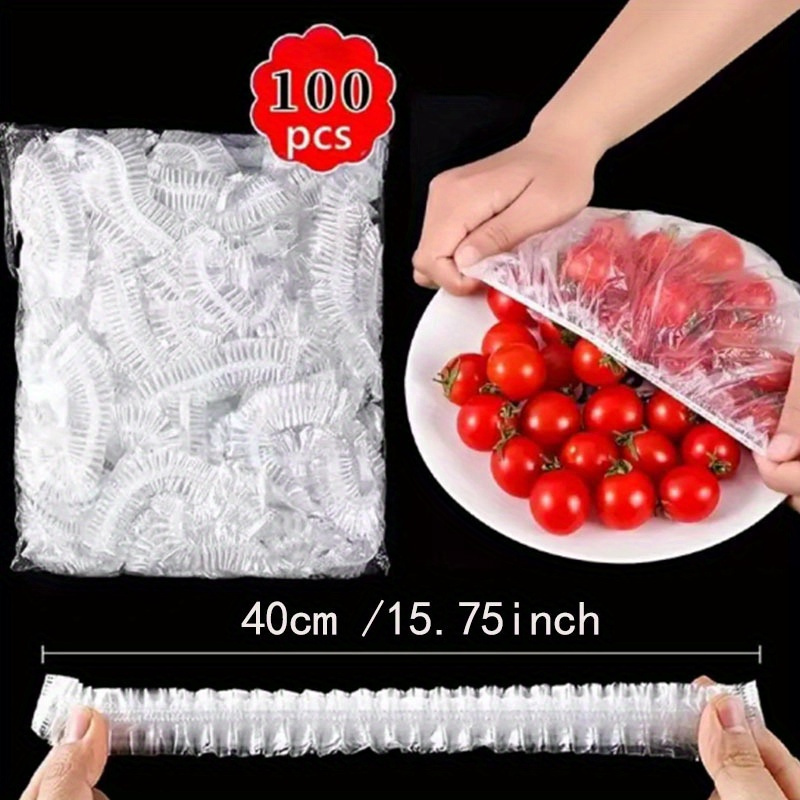 100pcs elastic food covers disposable pe plastic wrap bowl covers fresh keeping seals for food storage   kitchen accessories details 4