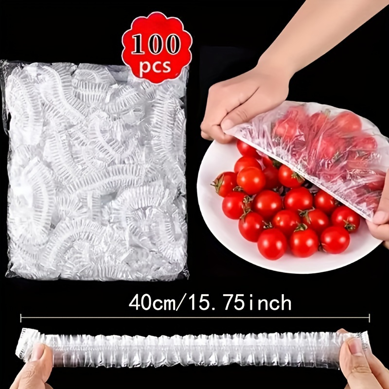 100pcs elastic food covers disposable pe plastic wrap bowl covers fresh keeping seals for food storage   kitchen accessories details 6