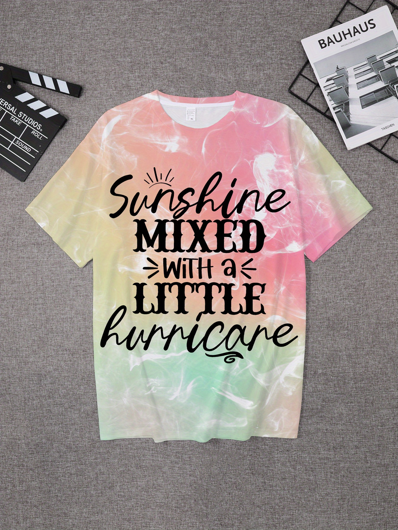 Sunshine Mixed With A Little Hurricane Print Tee Girls Stylish & Trendy Tie Dye T-Shirt For Spring & Summer Girls Comfy Clothes