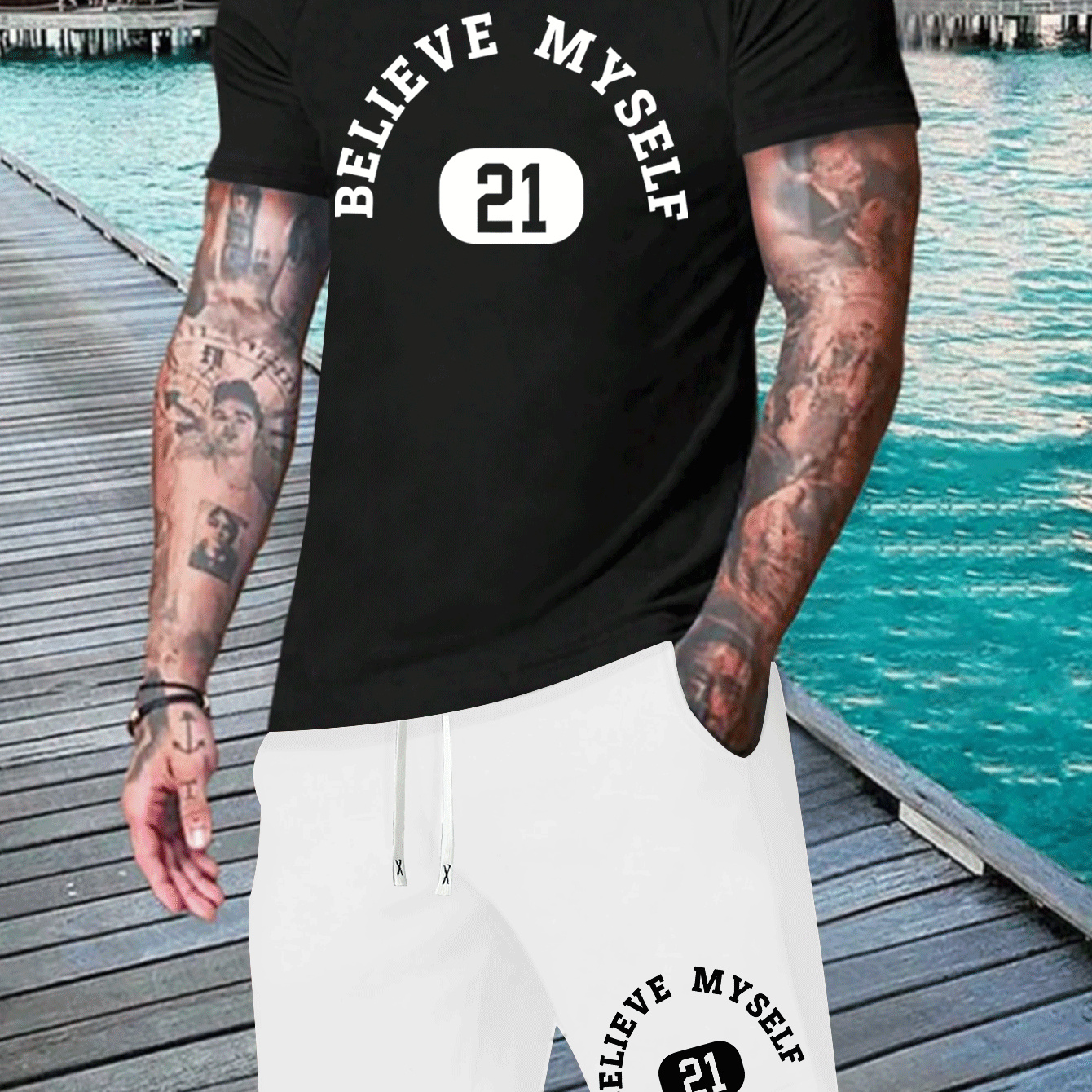 

Believe Myself 21 Letter Print Men's 2 Pieces Outfits, Crew Neck Short Sleeve T-shirt & Drawstring Shorts, Casual Comfy Versatile Set For Summer, Outdoor Sports