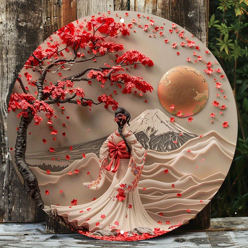 

8x8inch/20x20cm Aluminum Metal Sign: A Beautiful Japanese Woman In Kimono Stands Under The Cherry Blossom Tree - Artistic Wall Decor