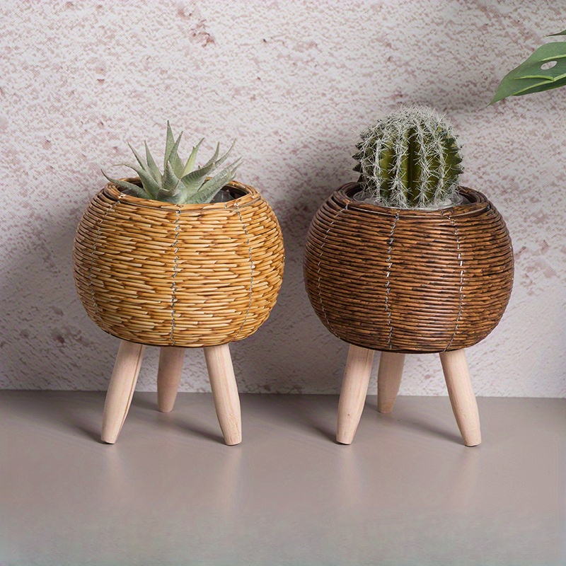 

1pc Hand-woven Vine Plant Holder With Wooden Tripod Stand, Succulent Planter Basket Storage Container, Indoor Decorative Grass Weaving Pot