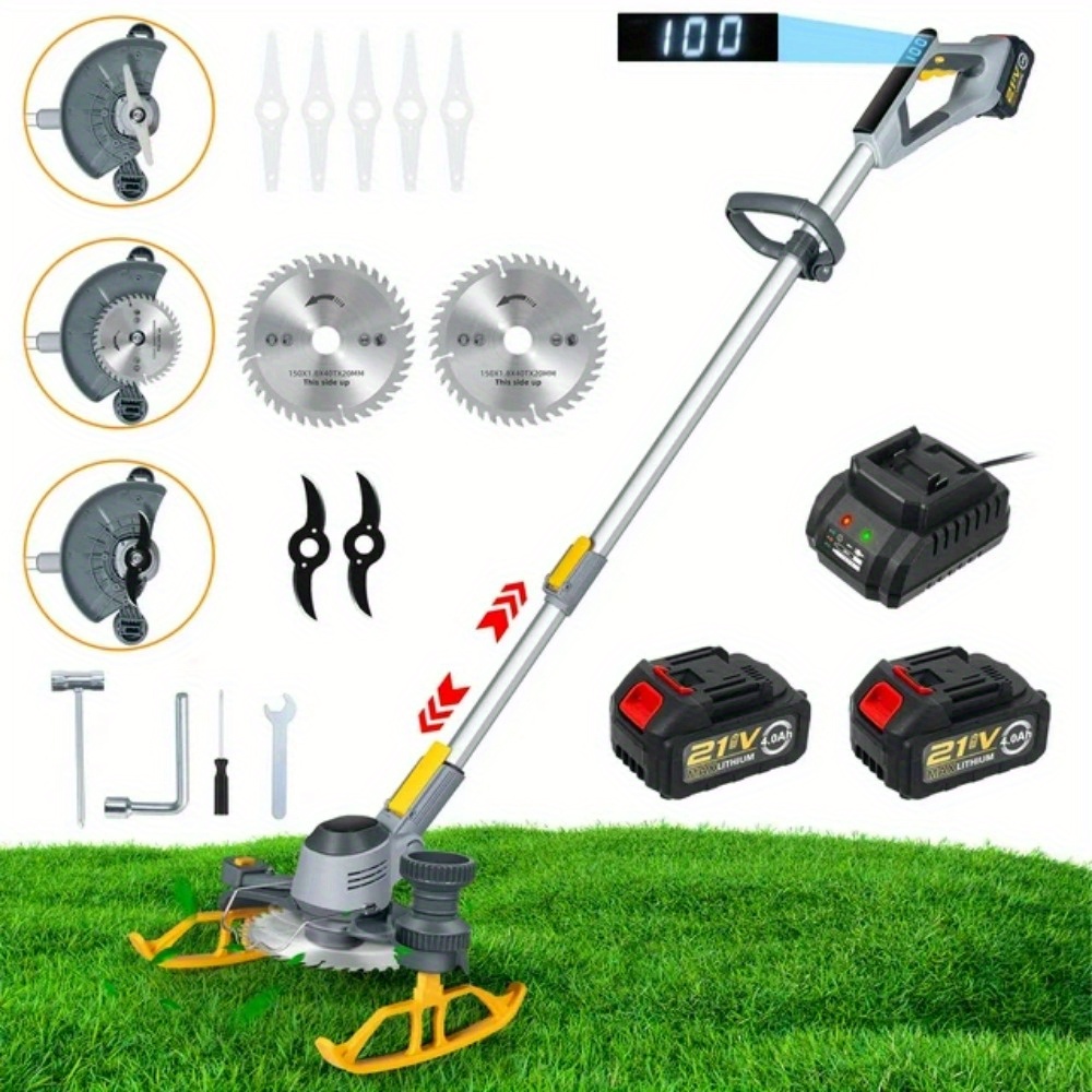 

Electric ,(21v .0a Battery Powered), Grass Trimmer/wheel Edger/mini-mower/brush Cutter, With 90° Adjustable Head, Telescopic Pole And 3 Cutting Blade Types