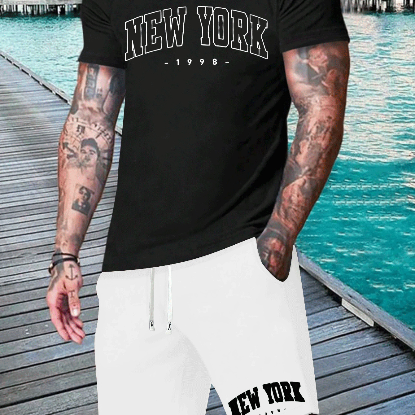 

[customer ] New Print Men's 2pcs Casual Comfy Set, Short Sleeve T-shirt & Drawstring Shorts Outfits, Cool And Versatile Clothes For Summer