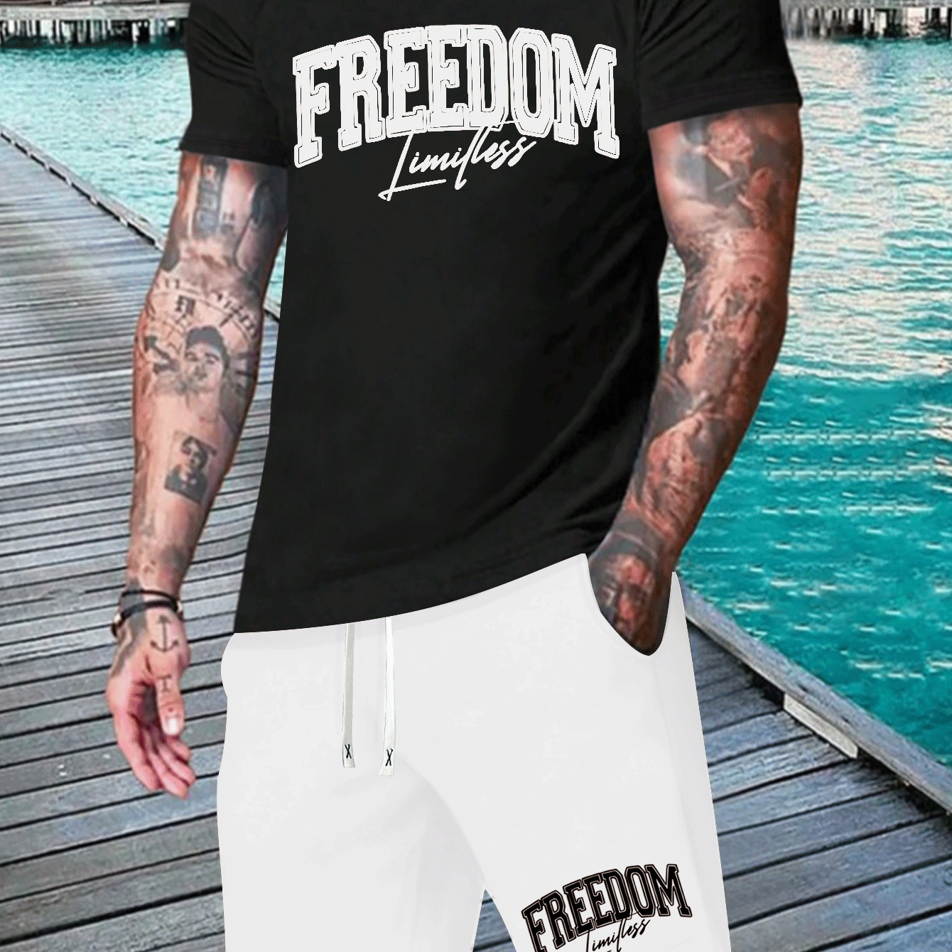 

Freedom Letter Print Men's 2 Pieces Outfits, Crew Neck Short Sleeve T-shirt & Drawstring Shorts, Casual Comfy Versatile Set For Summer, Outdoor Sports