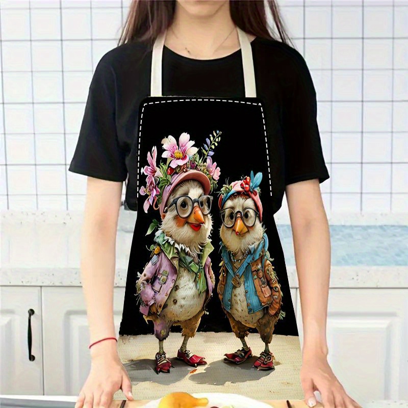 

Whimsical Chicken Design Apron - Jit 1pc Kitchen Cooking Apron For Women, Oil-resistant, Floral And Rooster Print, Woven Polyester, Adjustable Neck - Steel Buckle Closure