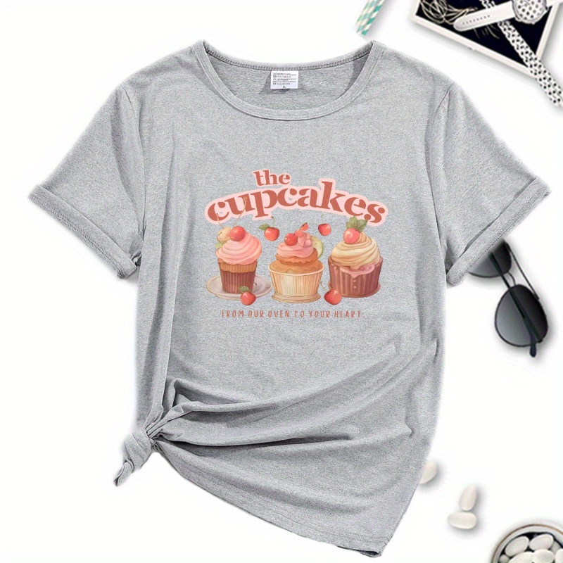 

Women's Round Neck T-shirt, Casual Fit, Trendy Top With Cupcake Graphic, Comfortable Sports And Leisure Wear