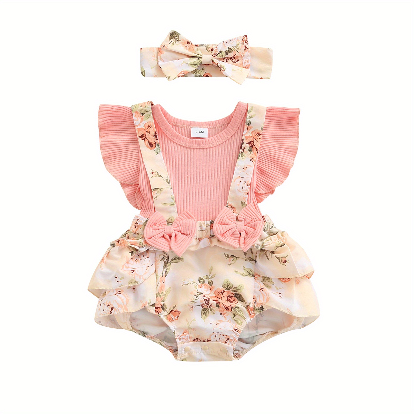 

2pcs Infant Baby Girls Summer Clothes Set 0 3 6 9 12 18 Months Pink Floral Printed Pattern Fly Sleeves Romper And Bow Knot Headdress