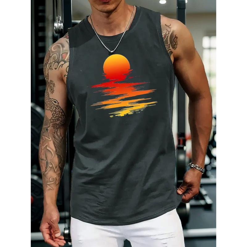 

Sunset & Sea Print Sleeveless Tank Tops, Comfy Breathable Casual Slightly Stretch Tops, Men's Summer Clothing