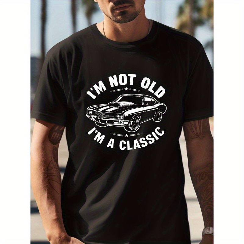 

Classic Car Graphic Print Men's Crew Neck Short Sleeve T-shirt, Summer Versatile Comfy Cotton Top For Outdoor Fitness & Daily Wear