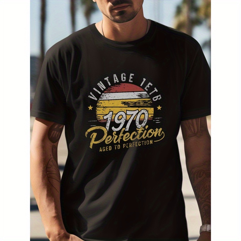 

' 1970 Perfection ' Print Men's Crew Neck Short Sleeve T-shirt, Casual Comfy Summer Cotton Top For Outdoor Fitness & Daily Wear